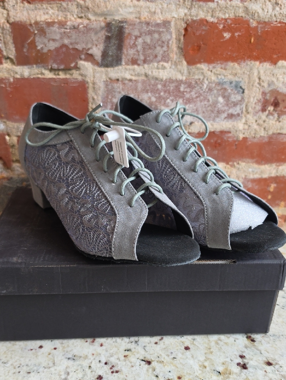 Women's Gray Lace Peep-Toe Lace-Up Heels